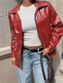 SHEIN Unity جاكيت نسائي بلون موحد بأكمام طويلة وسحاب أمامي من مادة البولي يوريثان بقصة عادية - الأحمر - مشاهدة 4