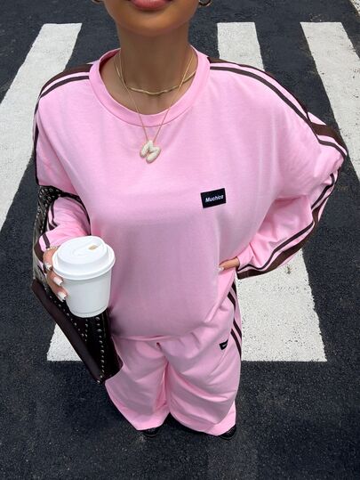 Muchica Women's Pink Knit Long Sleeve Top & Wide Leg Pants Set With Brown Contrast Stripes, Casual American Style Two Piece Tracksuit, Chic Fall Winter Lounge