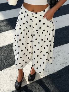 Muchica Women Summer Fall Casual Polka Dot Print Culottes, High Waist Tiered Ruffle A‑Line Swing Flowy 7/8 Length Wide Leg Skort With Functional Pockets - White - View 5