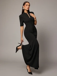 Silquee Women's Button-Up Elegant Dress Suitable For Daily Commute - Black - View 7