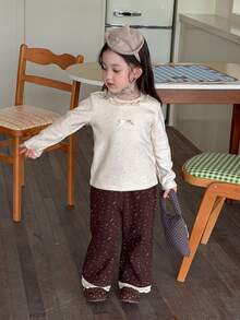 DAZY Baby Girl Bow Decor Casual Round Neck Long Sleeve Top Fall - Apricot - View 7