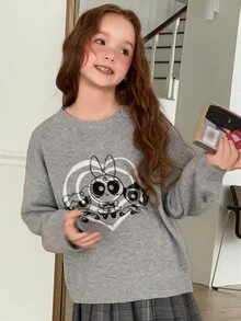 THE POWERPUFF GIRLS X DAZY Tween Girl Cartoon Pattern Long Sleeve Top And Skirt Knit Set Fall - Grey - View 4