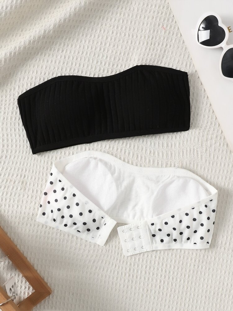 SHEIN Tween Girls Tween Girl Casual Polka Dot Black Knit Tube Top - Black and White - View 2