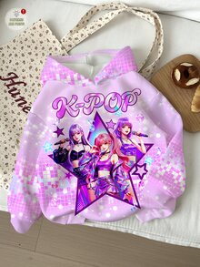 女童休閒可愛卡通女團印花 K-Pop 超級巨星款 厚實柔軟舒適連帽衛衣，適合秋冬穿著 - 彩色 - 查看 6