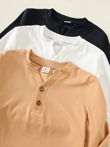 SHEIN 小男孩 3件組針織素色圓領休閒T恤套裝，秋冬款 - 彩色 - 查看 4