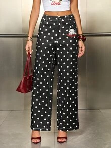 Betty Boop x SHEIN Celana Jeans Denim Wanita Model Lurus dan Longgar dengan Motif Polkadot - Hitam - View 4