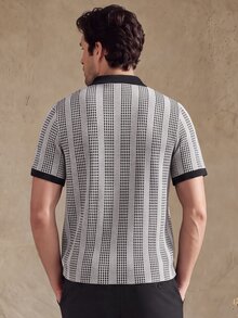 Core Aspect 2026春夏千鳥格直條紋針織 Polo 衫，黑白對比領，Smart C - 黑色 - 查看 2