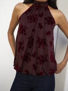Nöista Floral Print Backless Tie Halter Top - Red Violet - View 4