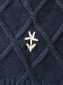 SHEIN 女童手工刺繡麻花格紋針織落肩短版套頭毛衣，柔軟舒適，適合日常穿著、外出、旅行、度假、居家、玩樂、萬聖節與聖誕節 - 藏蓝色 - 查看 5