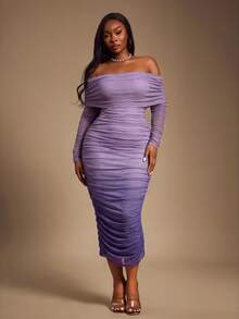 Radiana Curve Plus Size Elegant Off-Shoulder Gradient Ruched Fitted Dress Fall - Purple - View 1