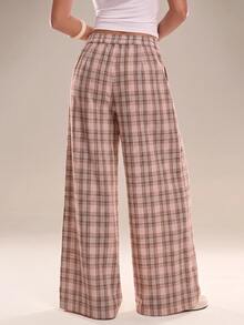 Avantive Women's Casual Commute Plaid Wide Leg Long Pants - Pink - View 2