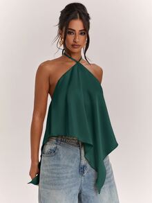 SHEIN BAE 春夏女款休閒度假掛脖露背不對稱下擺黃色純色緞面背心，適合海灘度假、海灘假期、姐妹休閒度假，優雅實用黃色緞面背心 - 墨綠色 - 查看 6