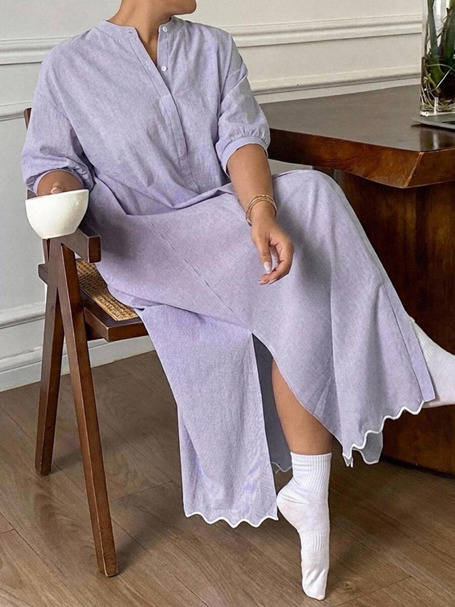 Dazy Plus Minimalist Mid-Length Solid Color Casual Hemline Wavy Edge Short Sleeve Loungewear Dress Nightgown - Purple - View 1