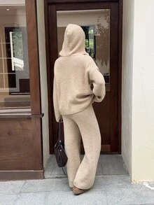 Autumina Women's Autumn/Winter Casual Hooded Loose Fit Versatile Pique Knit Top & Drawstring Pants 2 Pieces Set - Camel - View 2