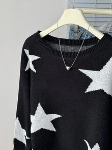 SHEIN 青少年女孩日常秋冬款星星圖案針織毛衣 - 黑與白 - 查看 5