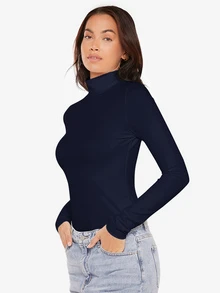 SHEIN BASICS High Neck Long Sleeves Rib-Knit Form Fitted Tee Tops For Women Black Tops - Navy Blue - View 3