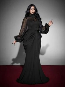Whyspr Plus Size Black Fitted Long Sleeve Patchwork Halloween Long Dress For Women Fall - Black - View 4