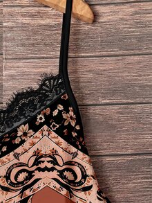 SHEIN VCAY Women's Brown Paisley Print Camisole With Lace Trim, Loose Fit, Perfect For Casual Vacation Wear, Suitable For Spring, Summer And Early Autumn. - Multicolor - View 5