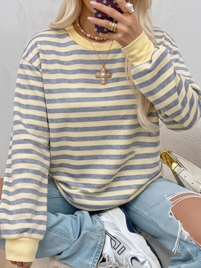 Tween Girls Casual Crew Neck Drop Shoulder Sweatshirt With Striped Pattern, Suitable For All Seasons