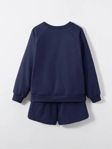 Maija Kids Maija Kids 女童大童素色針織運動衫與短褲兩件套 - 藍色 - 查看 2