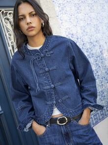 Nöista Denim Jacket In Dark Indigo Color With Chinese Buttons And Round Hem. Mandarin, Fall, Winter, Casual, Autumn, Outerwear.  - Medium Wash - View 1