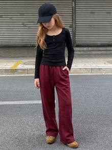 DAZY Tween Girl) Black Fitted Long Sleeve Half-Button Front Inner Layer Crew Neck T-Shirt, Autumn - Black - View 5