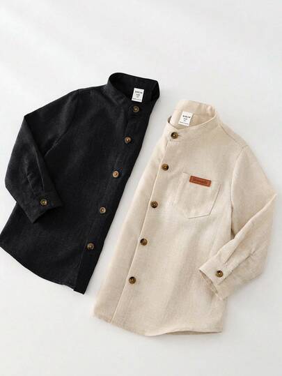 SHEIN Kids 2pcs Young Boys Style Loose Woven Shirt,Summer Family Matching Collared Solid Color Long Sleeve Tops For School,Home,Vacation & Sports Wear