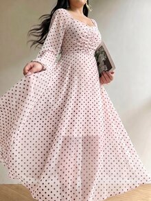 Modelyn Spring/Autumn Polka Dot Cinched Cinched Waist Elegant Fashionable Flared Long Dress - Multicolor - View 5