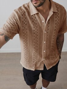 HUEFORM Men's Single-Breasted Embroidered Hollow-Out Knit Shirt, Versatile & Fashionable - Khaki - View 1