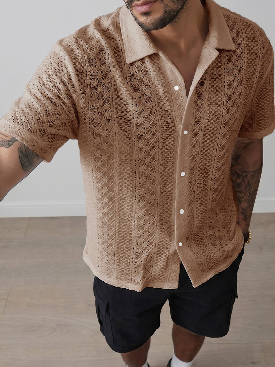 HUEFORM Men's Single-Breasted Embroidered Hollow-Out Knit Shirt, Versatile & Fashionable - Khaki - View 1