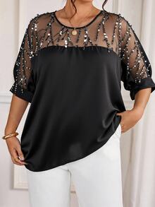 Cravure Plus Size Round Neck 3/4 Sleeve Short Sleeve Gold Foil Fabric Patchwork Contrast Woven Fabric Cuff Raglan Sleeve Casual Outing Vacation Commute Party Pullover Shirt - Black - View 3
