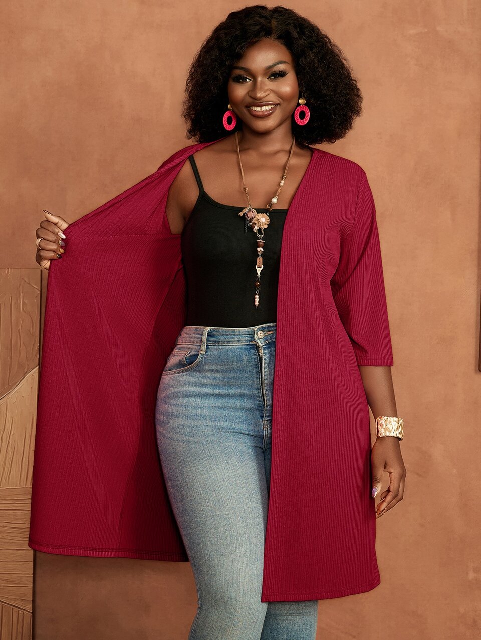 Plus Size Women's Burgundy Solid Open Front Three-Quarter Sleeve Casual Jacket Fall 2026