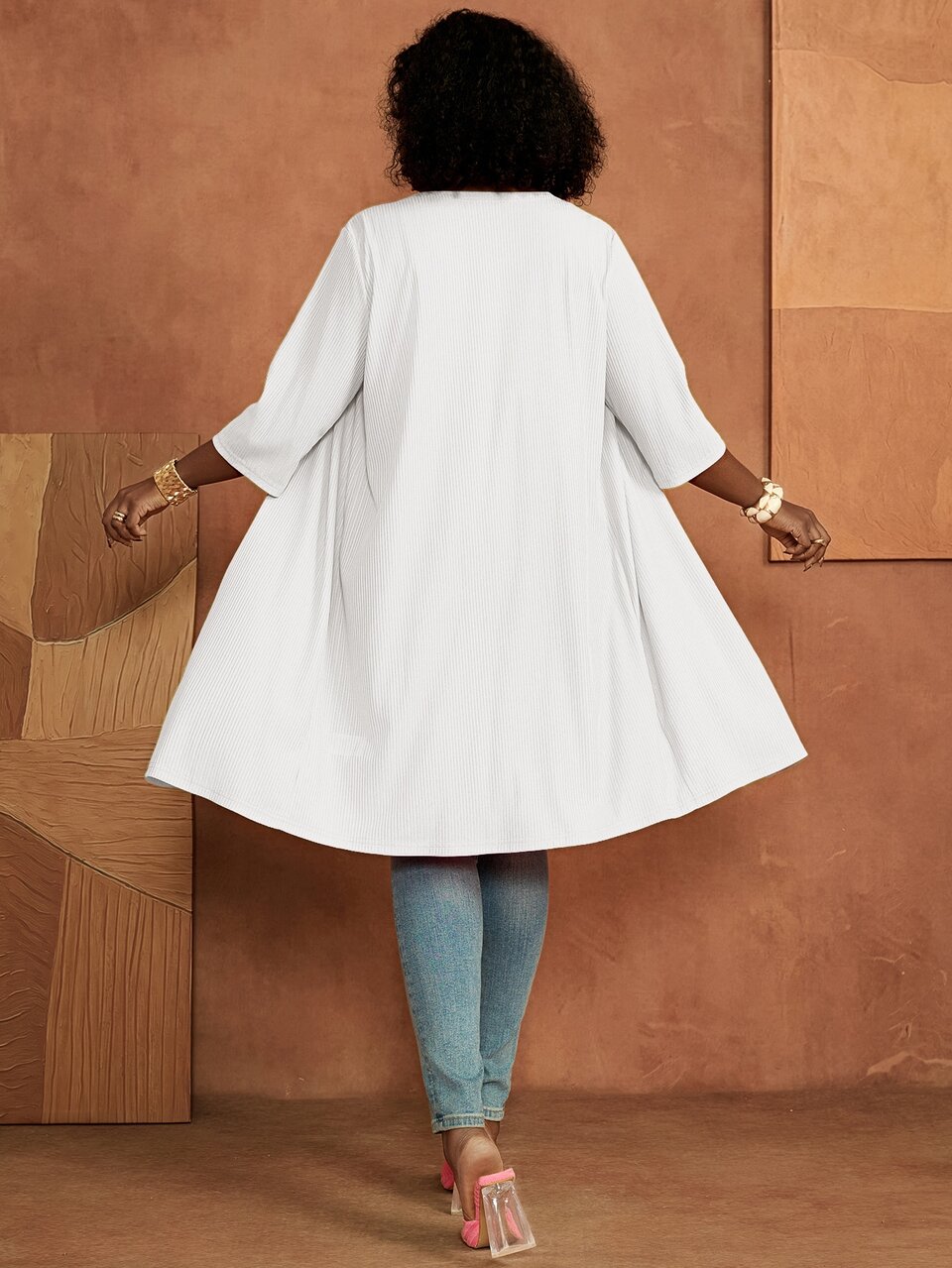 Plus Size Women's White Solid Open Front Three-Quarter Sleeve Casual Jacket Fall 2026