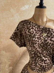 Soleia Plus Size Leopard Print Asymmetrical Collar Top And Shorts 2 Pieces Set - Brown - View 6