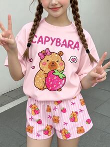 Tween女孩休閒極簡可愛亮面紋理水豚圖案奶油粉短袖上衣與短褲兩件套，適合夏季，圖案設計，Kawaii，女孩套裝，Y2K，舒適，返校，度假 - 彩色 - 查看 2