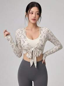 DAZY Versatile Korean Style Zebra Print Lace-Up Long Sleeve Sports Top Fall - Beige - View 7