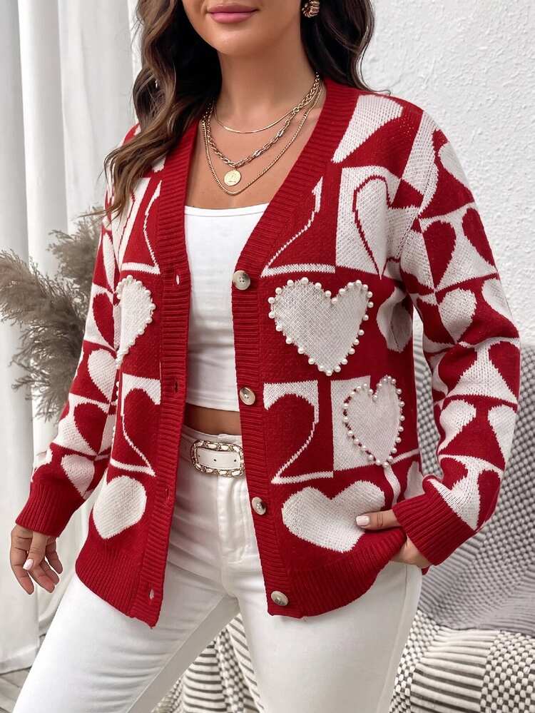 Vionelle Plus Size Faux Pearl Decor Heart Jacquard Button Knit Cardigan - Red - View 1