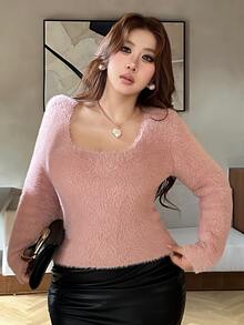 Dazy Plus Sweater Pullover Pendek Rajut Panjang Berwarna Pink, Lembut dan Pas Badan, Lapisan Dasar Serbaguna untuk Musim Gugur/Dingin - Berwarna merah muda - View 6