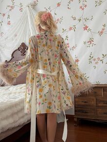 CottageSlumber Mature Style Spring Floral Digital Print Feather Bell Sleeve Robe & Sexy Yellow Lace Corset Cami Pleated Mermaid Nightgown 2 Pieces Set For Women - Multicolor - View 2