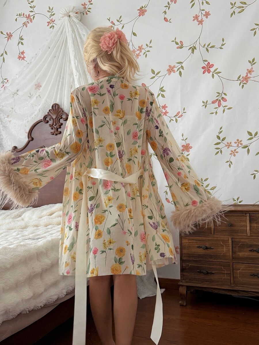 CottageSlumber Mature Style Spring Floral Digital Print Feather Bell Sleeve Robe & Sexy Yellow Lace Corset Cami Pleated Mermaid Nightgown 2 Pieces Set For Women - Multicolor - View 1