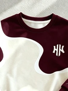 2件組小男孩酷炫圖案與個性化幾何時尚印花圓領運動衫與運動長褲套裝，適合假期派對、春/秋/冬，舒適休閒，秋季首選，街頭風，開學休閒穿搭，戶外穿著 - 彩色 - 查看 6