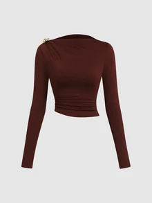 Sweetra Women's Elegant High-End Charming Fashion & Metal Buckle Design & Same Color Comfortable Milk Silk Red-Brown 2 Pieces Set - Brown - View 3
