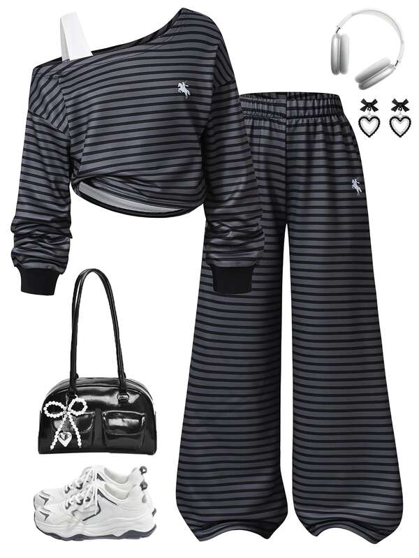 SHEIN Sparklyn Girls' Striped 2 Pieces Set, Asymmetrical Shoulder Long Sleeve Striped Top, Elastic Waist Striped Wide Leg Pants, Embroidered Horse Logo, Vintage Gray & Black Stripes, Soft & Comfortable Fabric, Loose Fit, Suitable For Spring/Autumn Daily School, Shopping, Outings, Casual & Relaxed Vibe