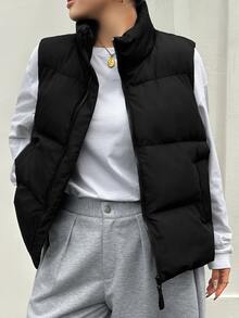 Dazy Plus Solid Color Casual Versatile Thermal Lined Thickened Autumn/Winter Sleeveless Vest Women's Padded Coat Jacket - Black - View 8