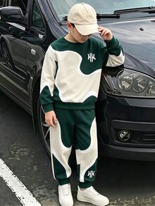 2件組青少年男孩時尚極簡舒適連帽衫與運動長褲套裝，酷炫幾何圖形拼接滿版印花設計，英文字母印花，適合假期派對、休閒穿著，男孩春秋冬季首選，街頭風，返校與聚會休閒穿搭 - 粉色 - 查看 1