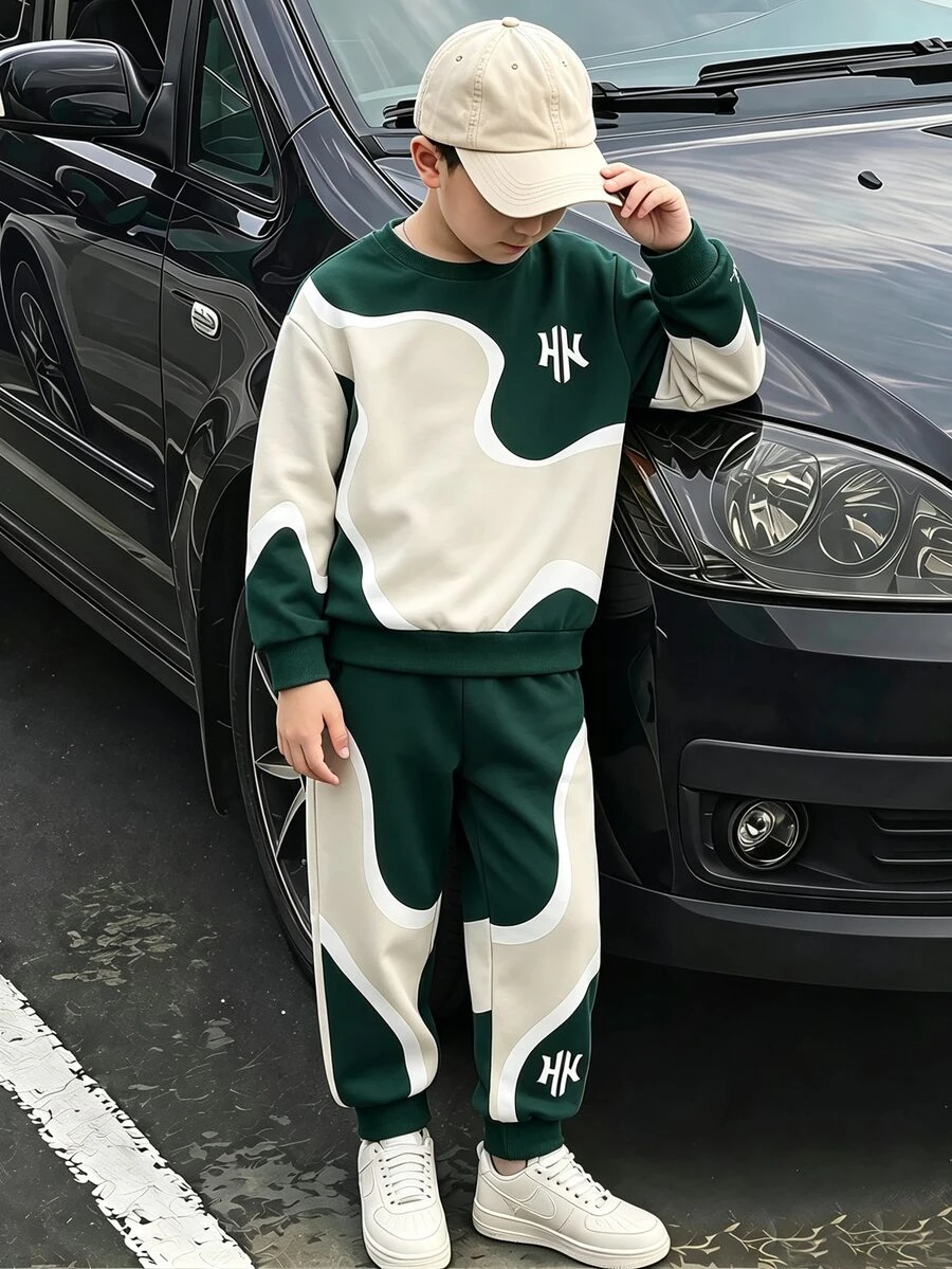 2件組青少年男孩時尚極簡舒適連帽衫與運動長褲套裝,酷炫幾何圖形拼接滿版印花設計,英文字母印花,適合假期派對、休閒穿著,男孩春秋冬季首選,街頭風,返校與聚會休閒穿搭 - 粉色 - 查看 1