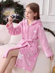 SHEIN Tween女孩秋冬休閒雙面抓絨螢光星星印花貼袋連帽睡袍居家服粉色兒童睡衣 - 藕粉色 - 查看 9
