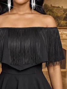 SHEIN Lady 女款時尚派對露肩流蘇上衣與裙子兩件套 - 黑色 - 查看 7
