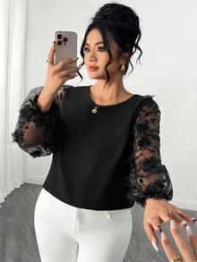 Elenzga Plus Size Women's Autumn/Winter Fashion Elegant Mesh Embroidered Round Neck Long Sleeve Blouse - Black - View 4