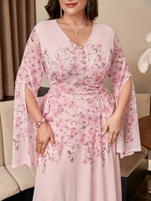 Reflora Plus Size Elegant Floral Print Party Dress - Pink - View 7